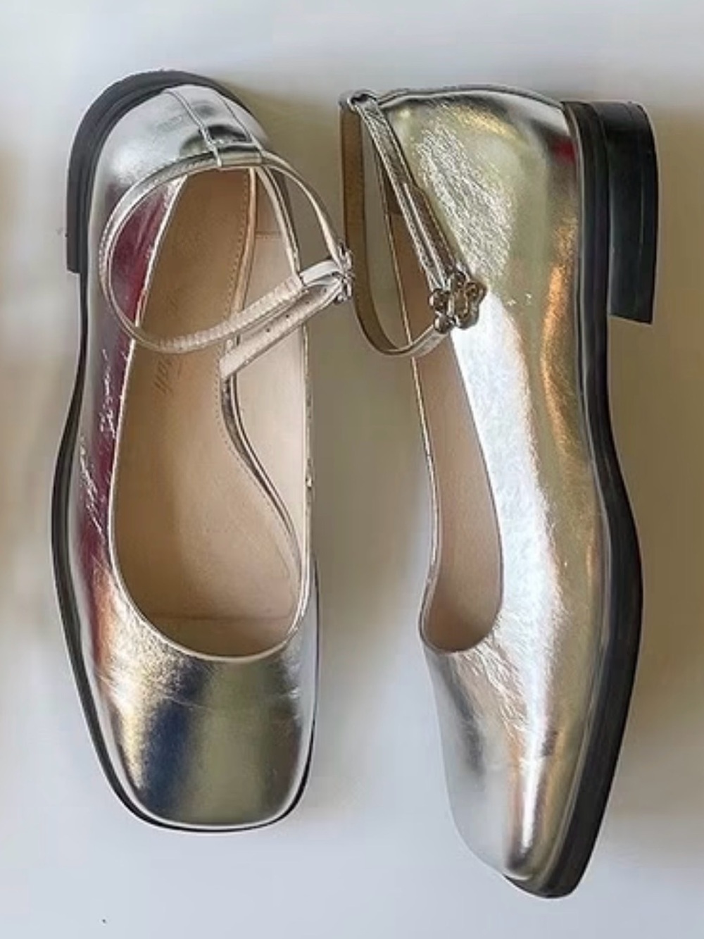 Lisa Says Gah Metallic Silver Mary Jane Flats with Ankle Strap